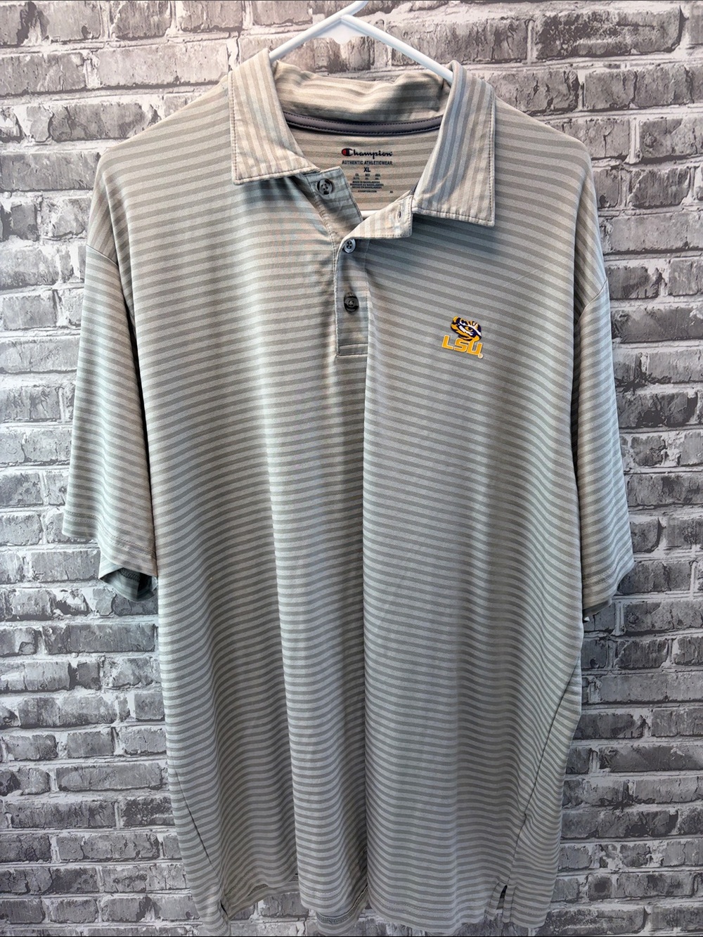 LSU Tigers Champion Light Gray & White Striped Polo with LSU Logo